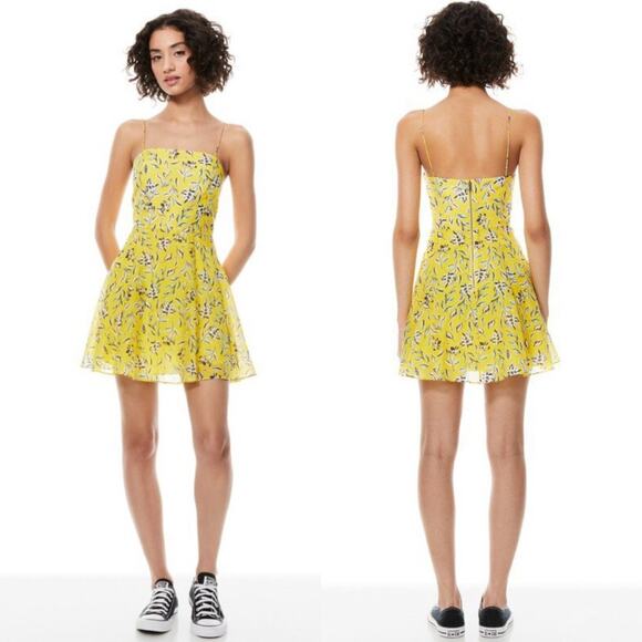 Alice + Olivia Glinda Yellow Floral Cotton Silk Blend Mini Fit and Flare Dress 8 - Picture 2 of 16